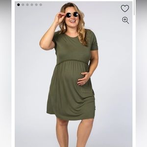 PinkBlush Olive Solid Crochet Trim Maternity Plus Shift Dress